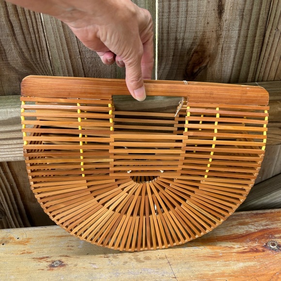 Bamboo Mini Ark Half Moon Slat Style Open Top Clutch Natural Color - Picture 1 of 12